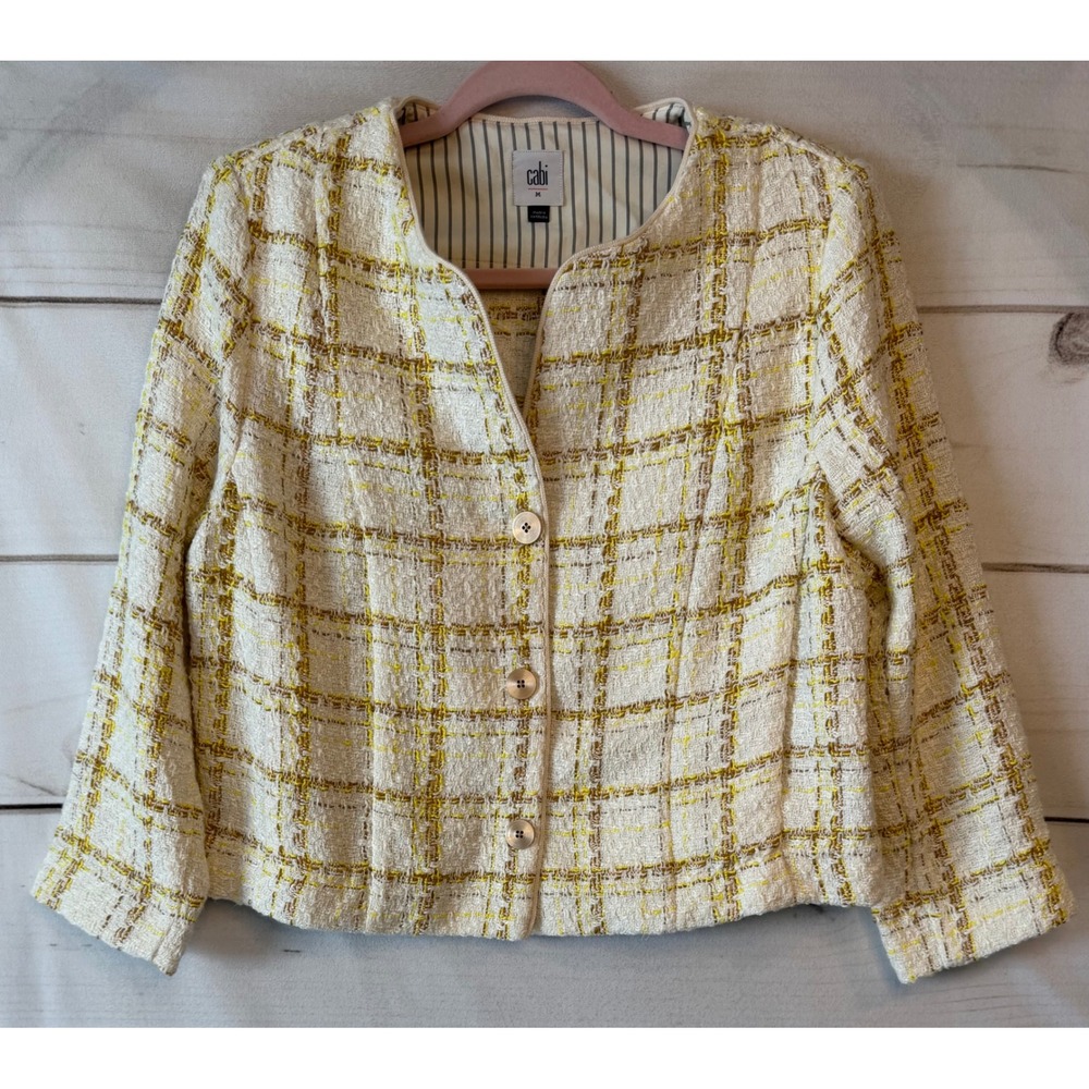 Cabi 6256 Tweed Plaid Jacket Yellow White Button Front Textured Blazer Medium